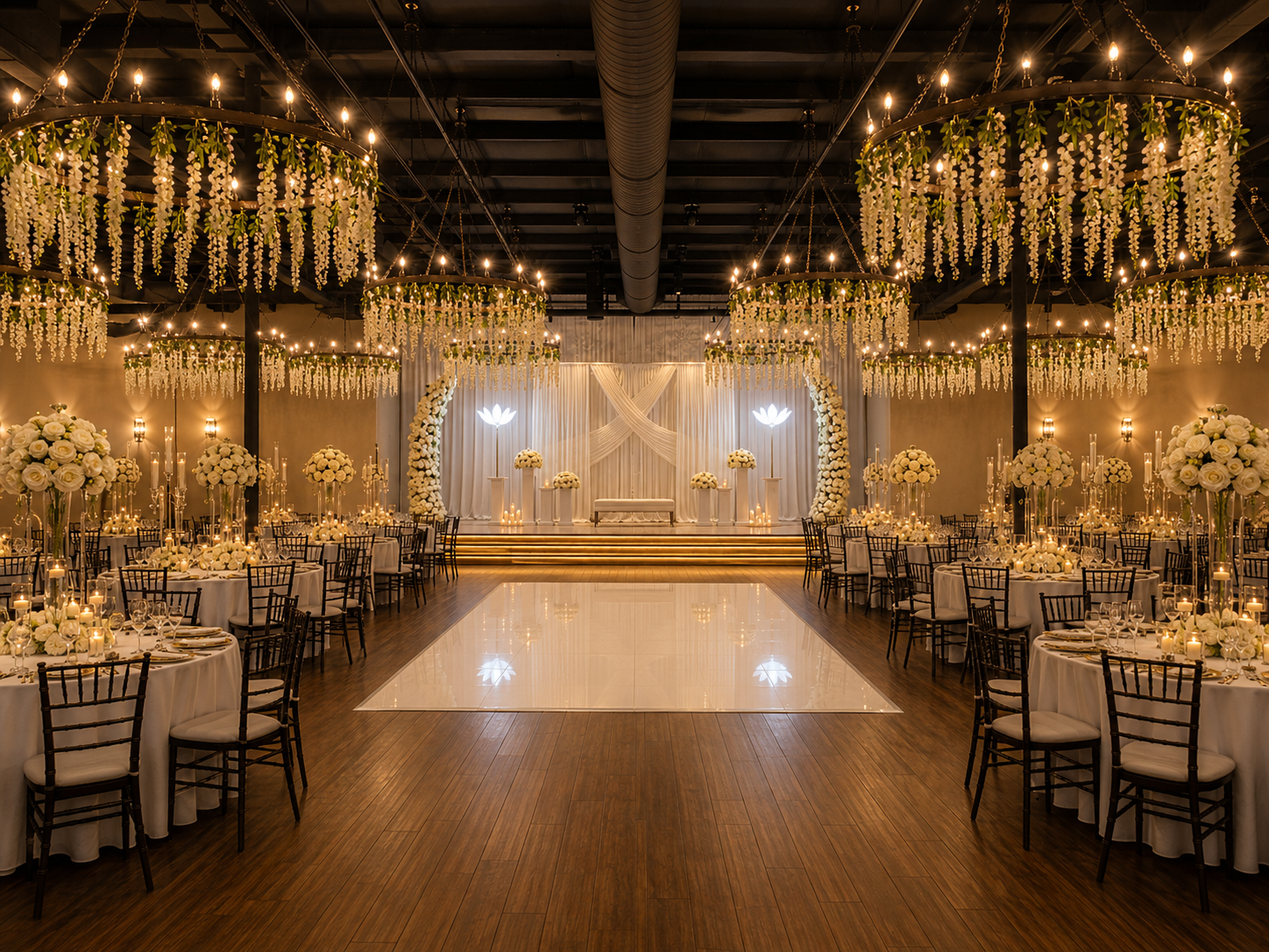 Open dance floor at the center of a decorated reception hall