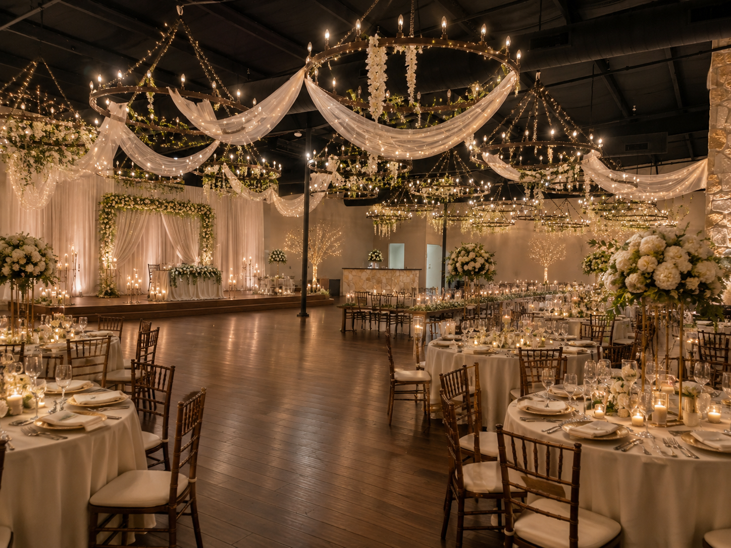 Reception tables and warm lights set throughout the hall