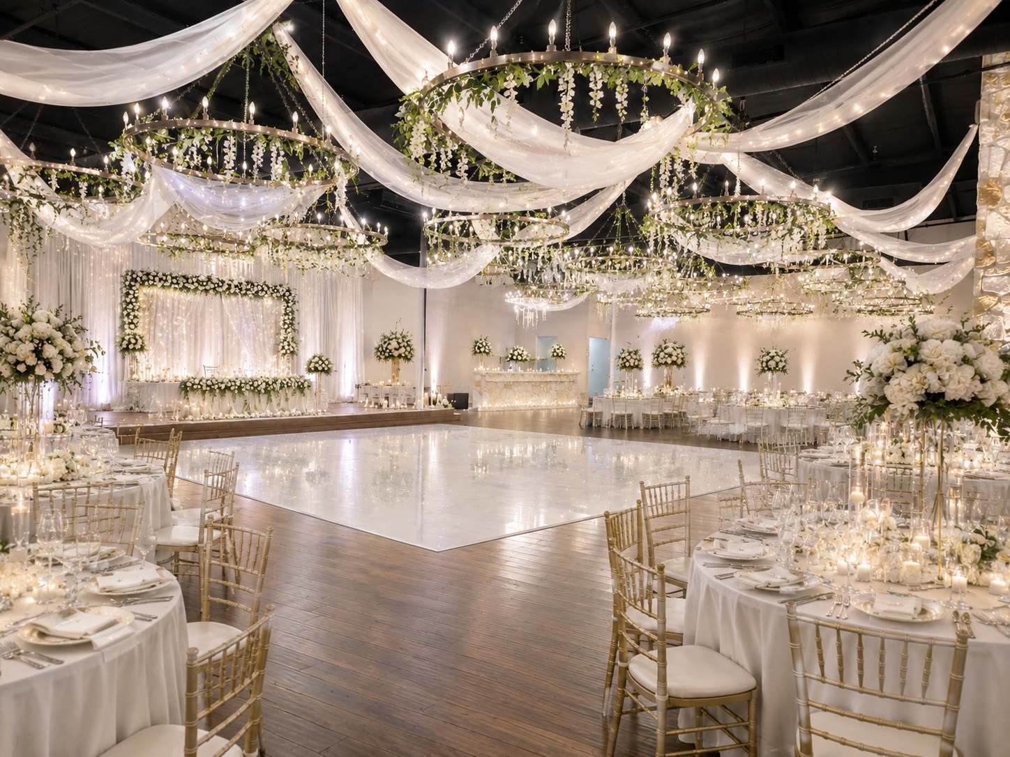 Bright white wedding reception with a spacious dance floor